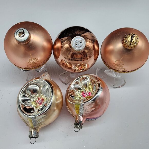 Vintage Rose Gold Glass Christmas Ornaments Set Of 5 With Floral & Dove Design - Picture 7 of 7